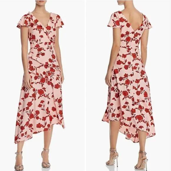 Adrianna Papell warm pink red floral print high low flutter sleeve dress size 14 - Picture 3 of 16